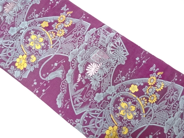 未着用　名古屋帯　つまみ細工　ビーズ　横縞　花模様　着物　025w 未着用 名古屋帯 つまみ細工 ビーズ 横縞 花模様 着物 025w 未